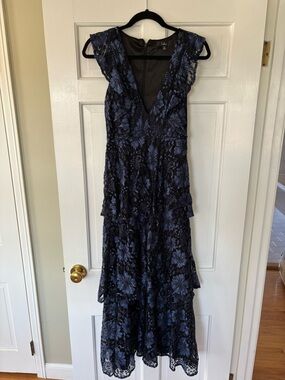 Lulu's Navy & Black Floral Lace Tiered Maxi Dress